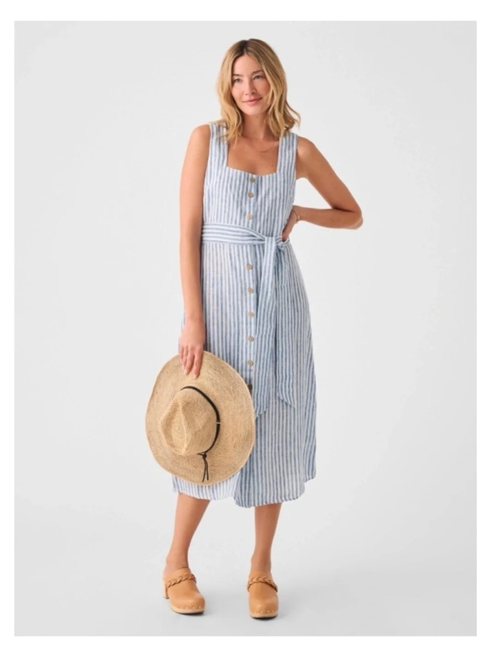 FAHERTY Linen Blue and White Striped Midi Dress